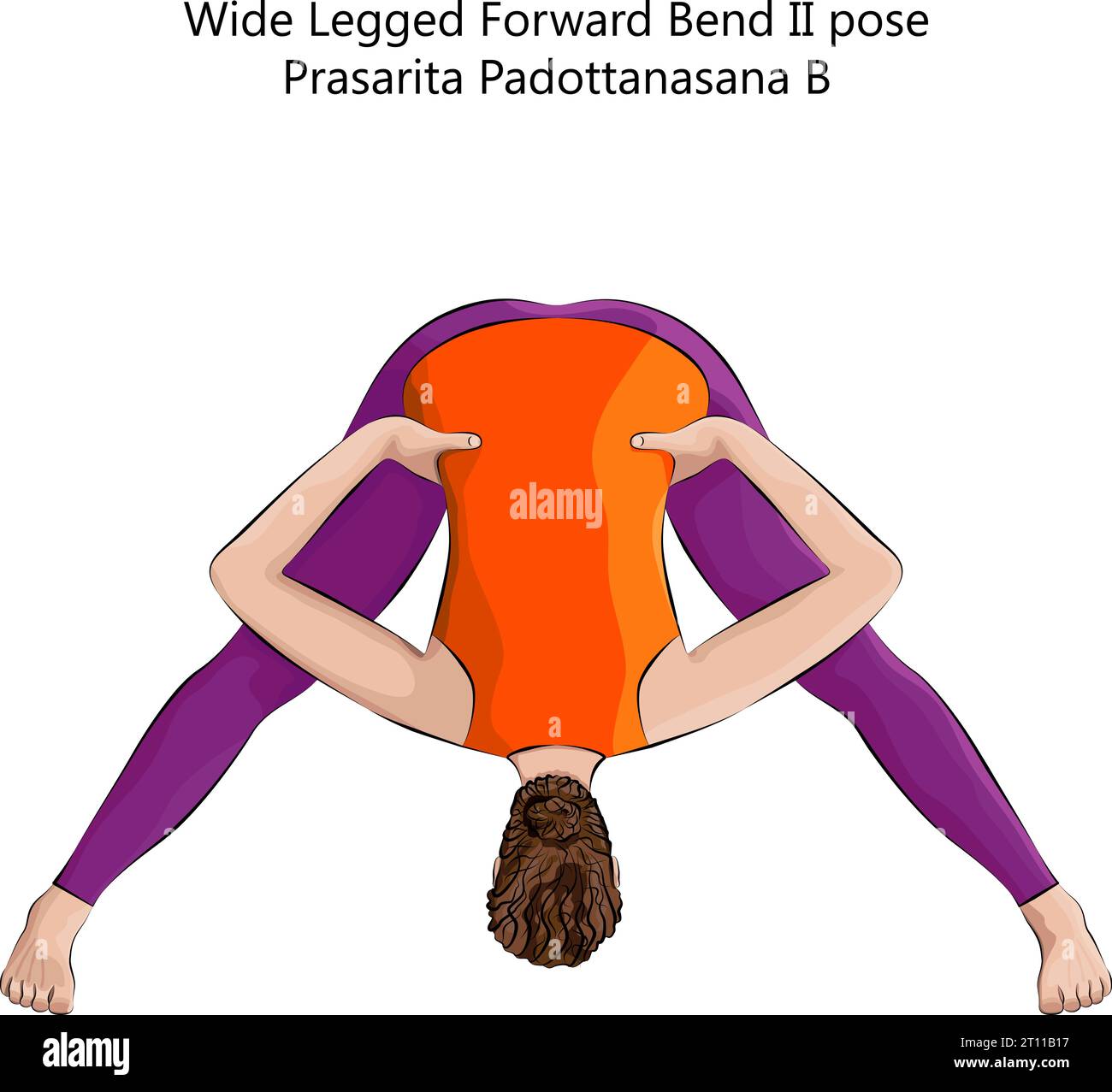 Young woman doing yoga Prasarita Padottanasana B. Wide Legged Forward Bend 2 pose. Intermediate Difficulty. Isolated vector illustration. Stock Vector
