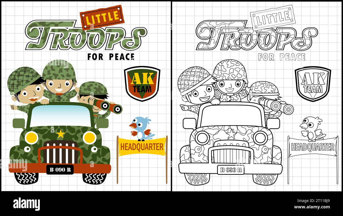 Coloring book of funny soldiers on truck, bird perch on banner Stock Vector
