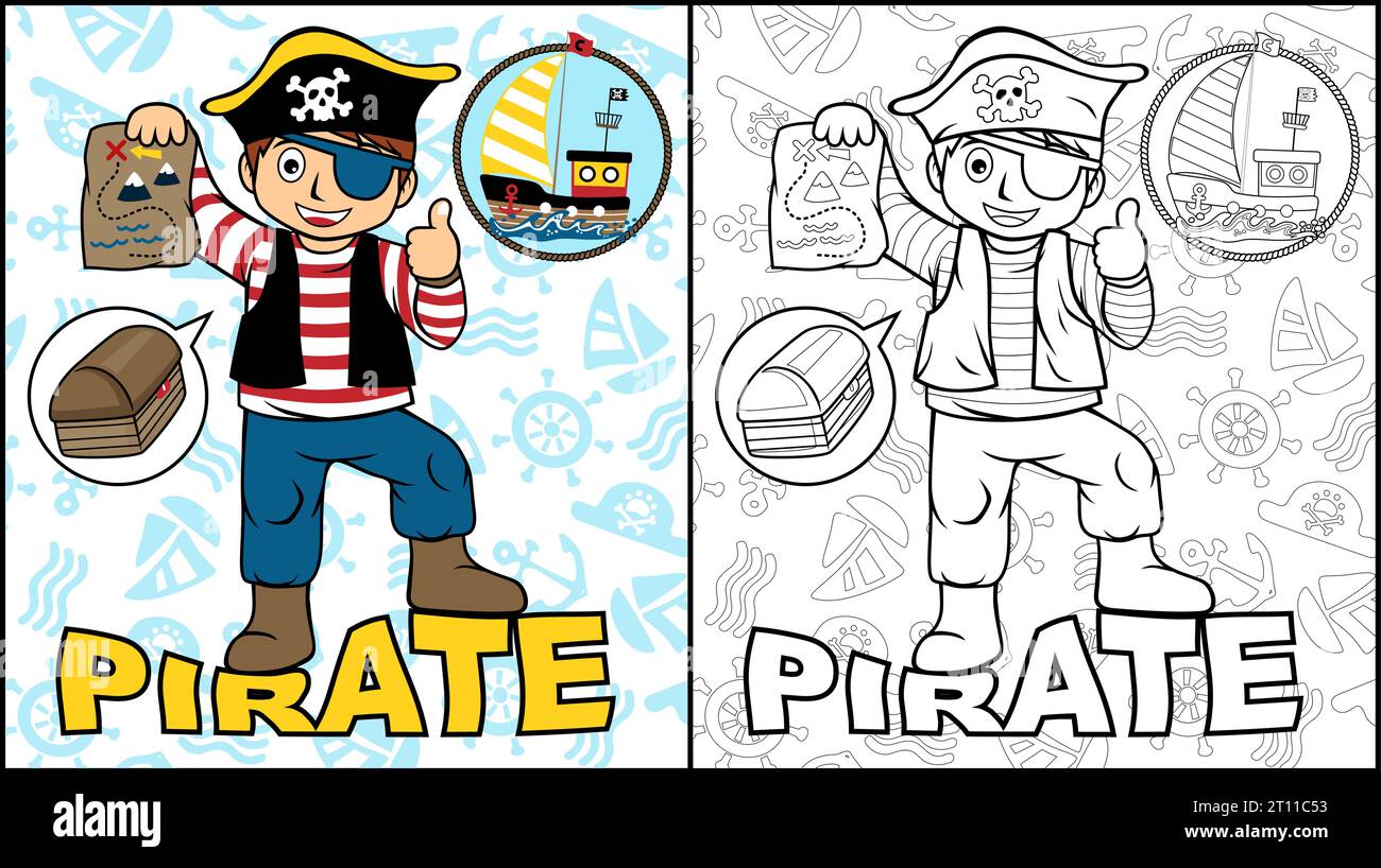 Coloring book of a boy in pirate costume on pirate element pattern background Stock Vector