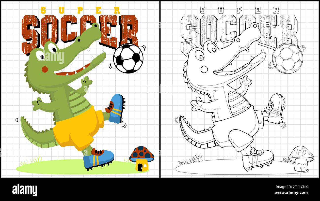 Coloring book of funny dinosaur cartoon playing soccer Stock Vector