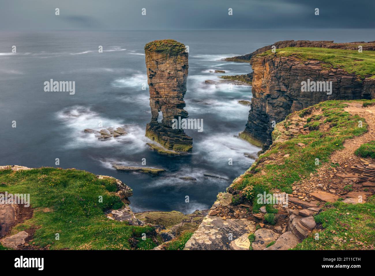 Yesnaby Castle is a famous two-legged sea stack near Sandwick on the Mainland in Orkney, Scotland. Stock Photo