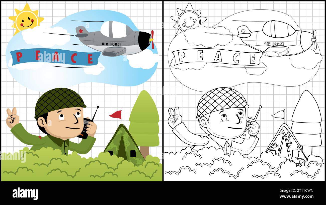 Coloring book of soldier cartoon with walkie talkie, plane fly above him Stock Vector