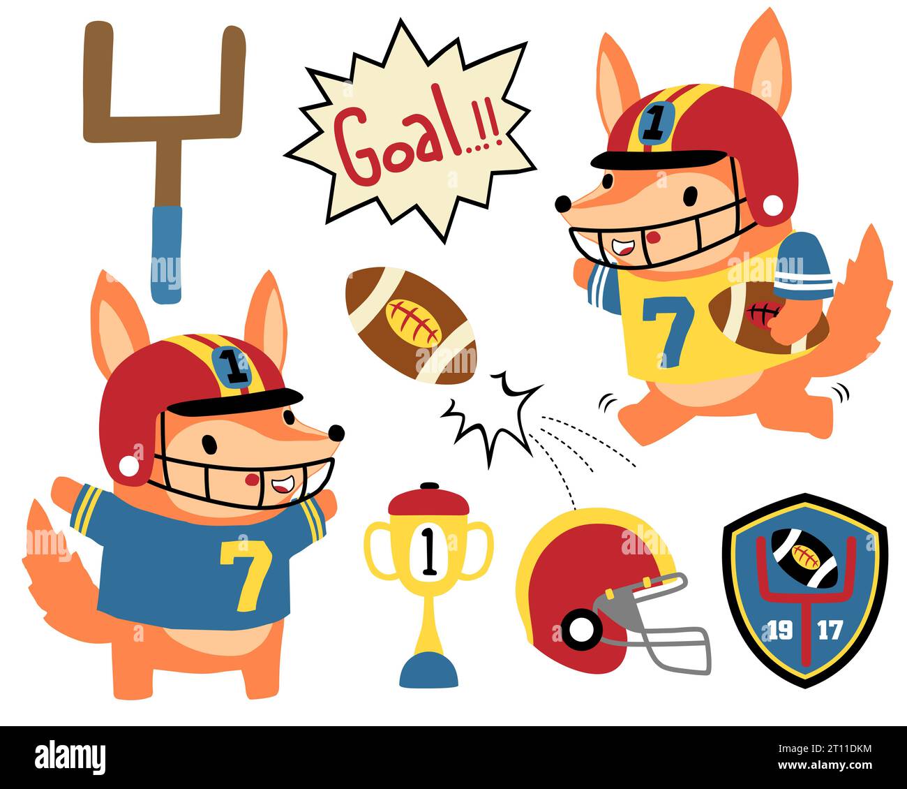 Vector set of cartoon fox in rugby player costume, rugby elements illustration Stock Vector