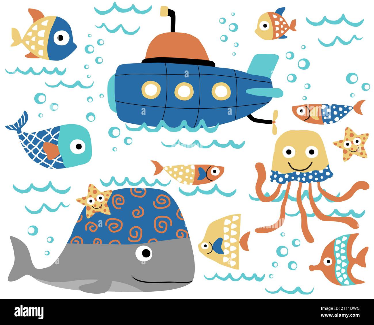 Vector set of hand drawn marine animals in colorful ornament with submarine Stock Vector