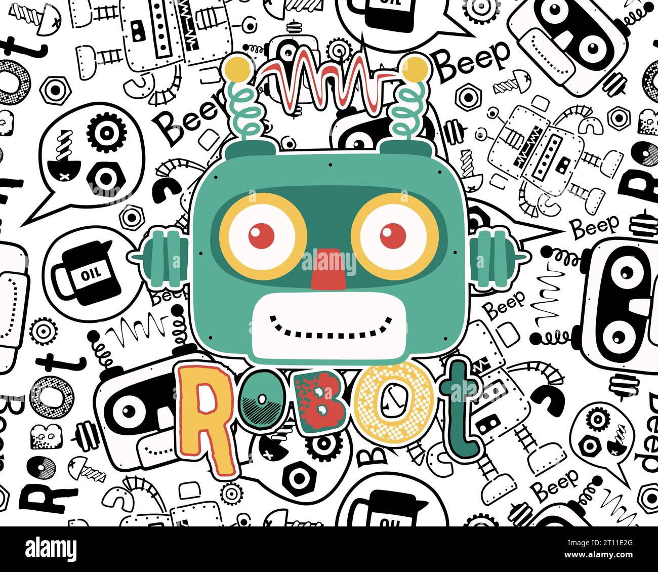Vector of funny robot head cartoon on seamless pattern robots elements background Stock Vector