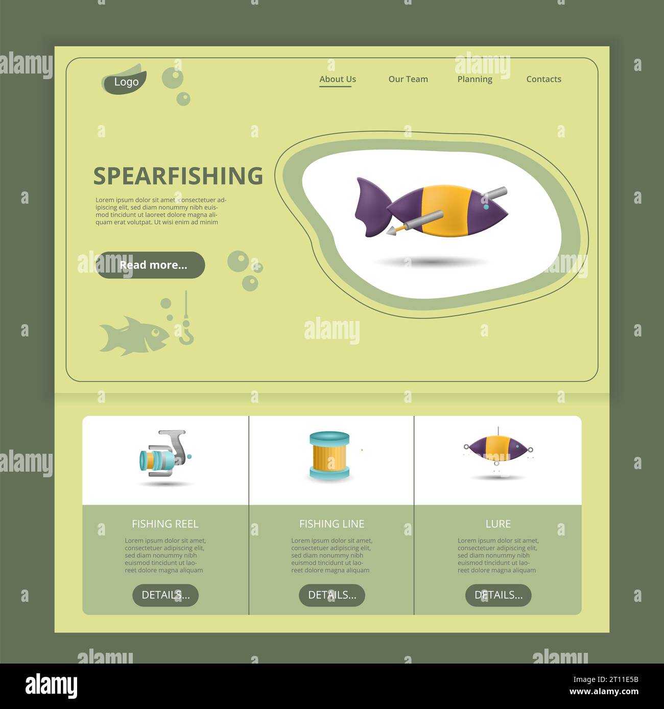 Spearfishing flat landing page website template. Fishing reel