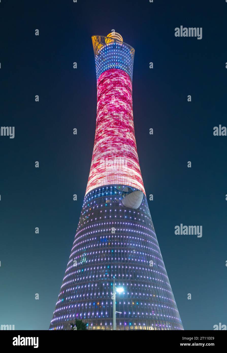 Illuminated Torch Tower Aspire Tower By Night Doha Qatar Stock