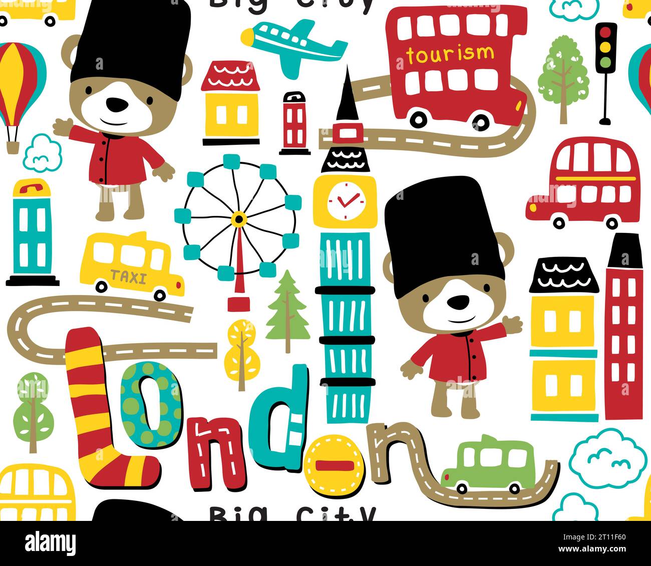 Seamless pattern vector of London city elements cartoon with funny bear in royal guard costume Stock Vector