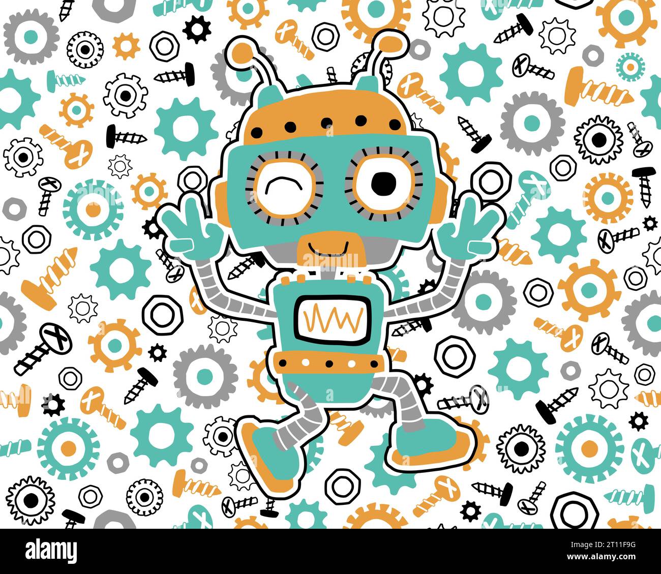 Seamless pattern vector of robot cartoon on bolt, nuts and gear background Stock Vector