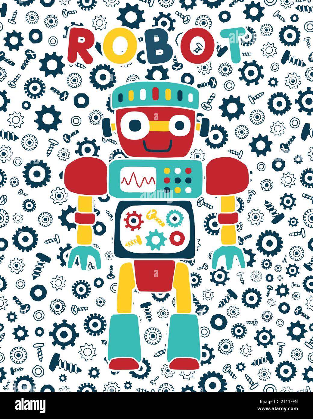 Smiling  robot cartoon on seamless pattern of bolt, nuts and gear background Stock Vector