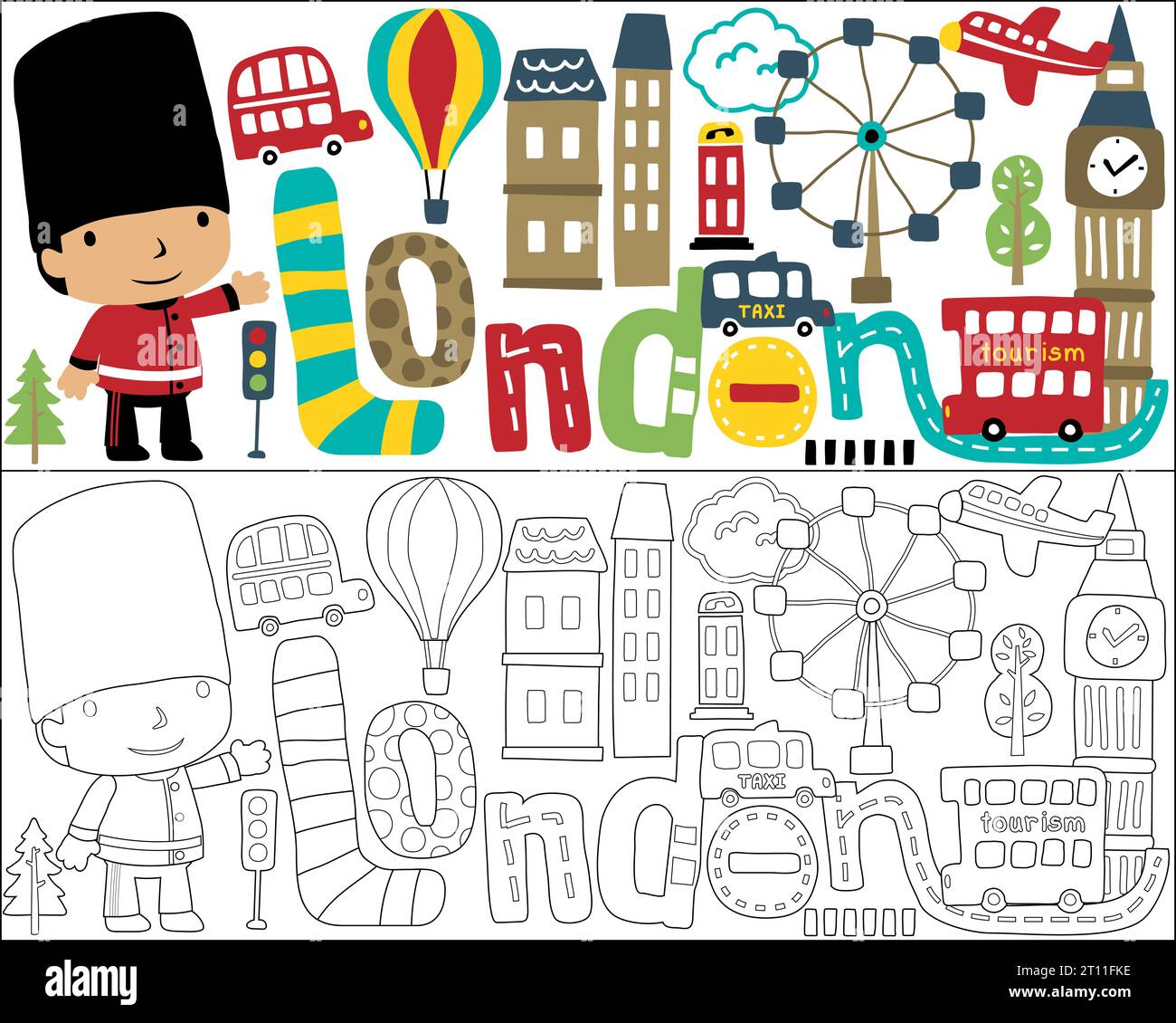 Vector set of cityscape London elements cartoon with little royal guard, coloring book or page Stock Vector