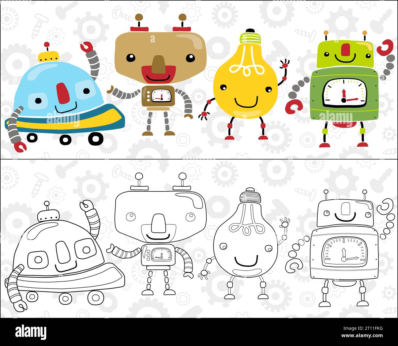 Vector set of funny little robots cartoon on nuts, bolts and gear background, coloring book or page Stock Vector