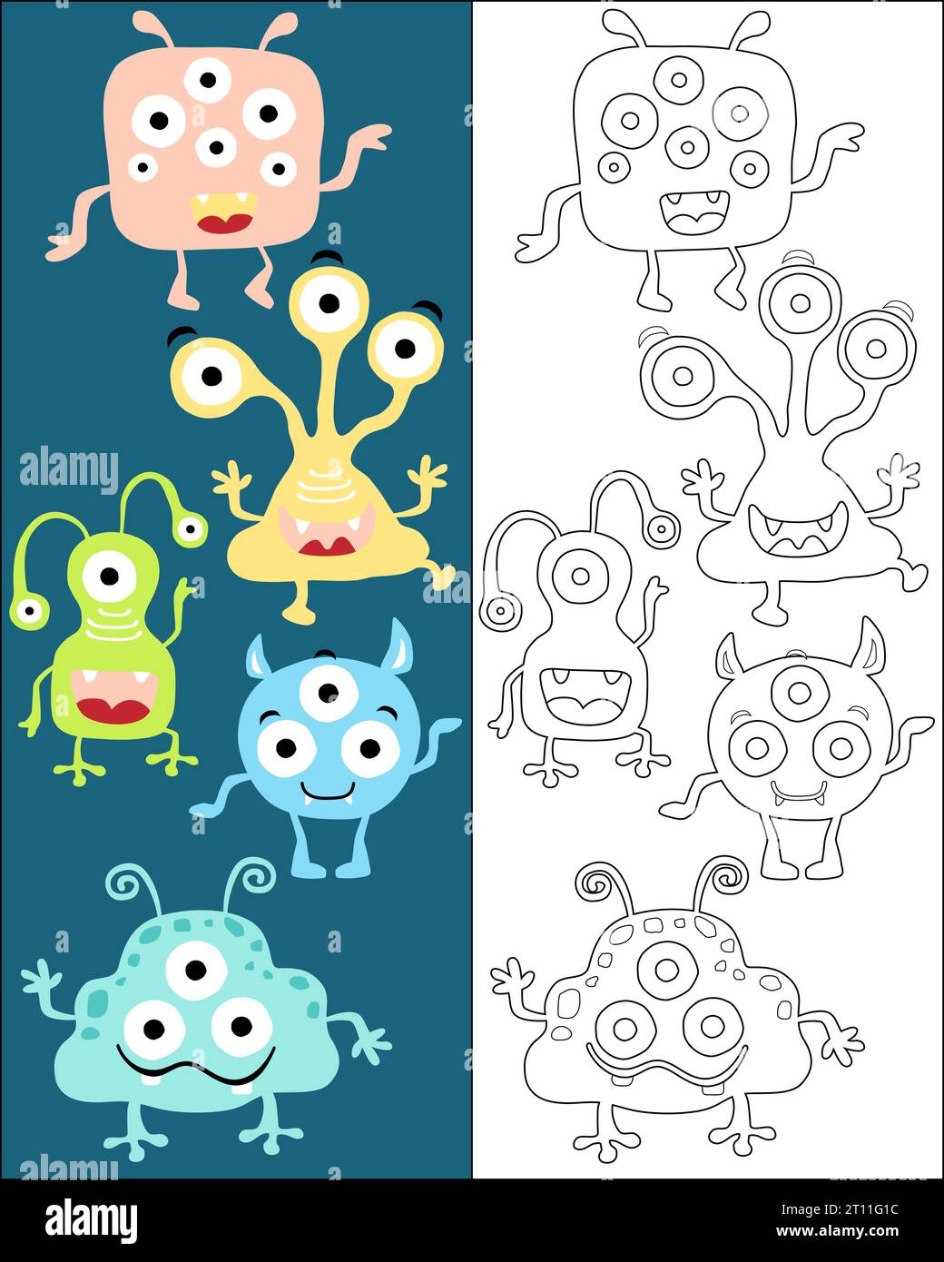 Vector set of funny monster cartoon, coloring book or page Stock Vector