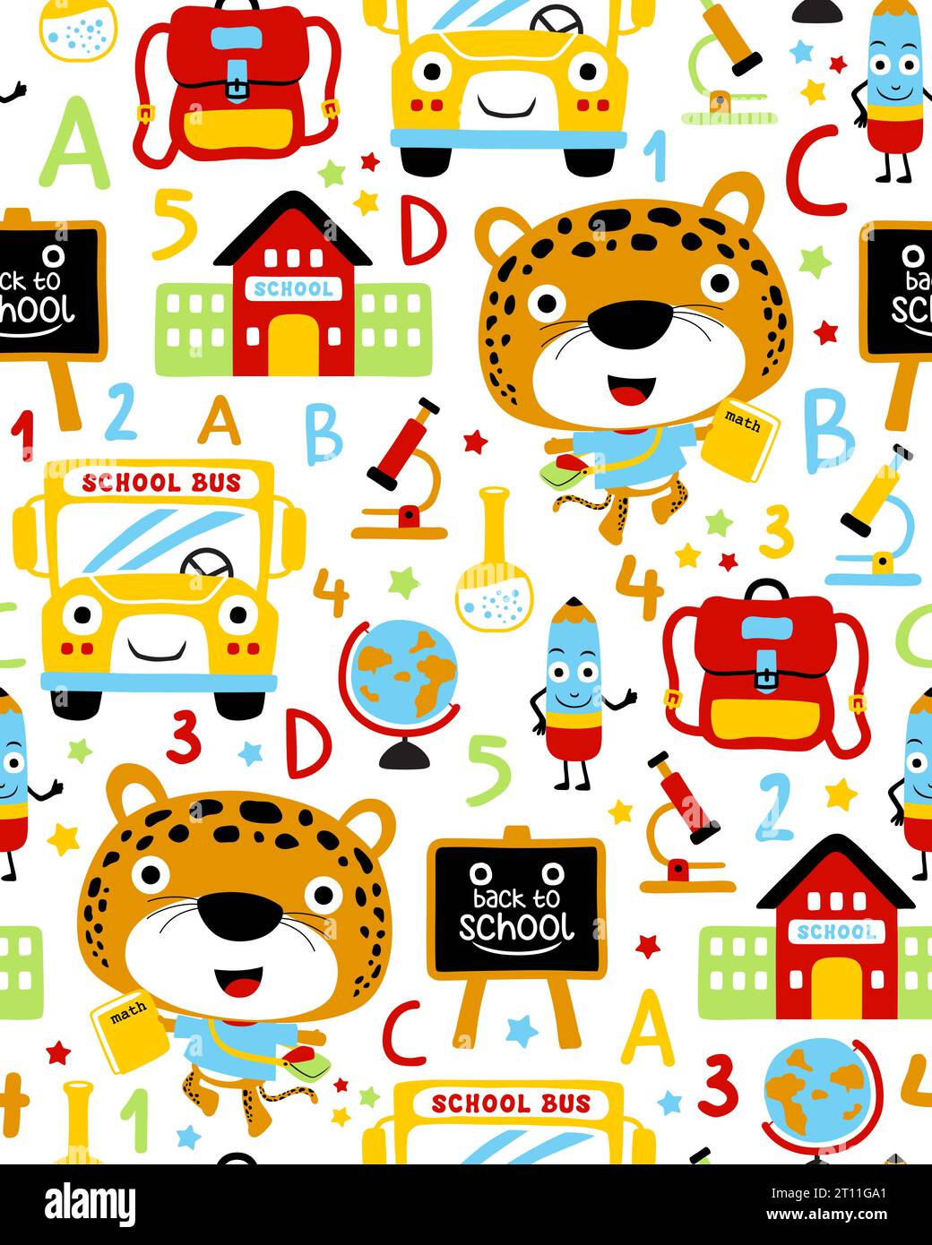 Seamless pattern vector of  school elements cartoon with funny leopard Stock Vector