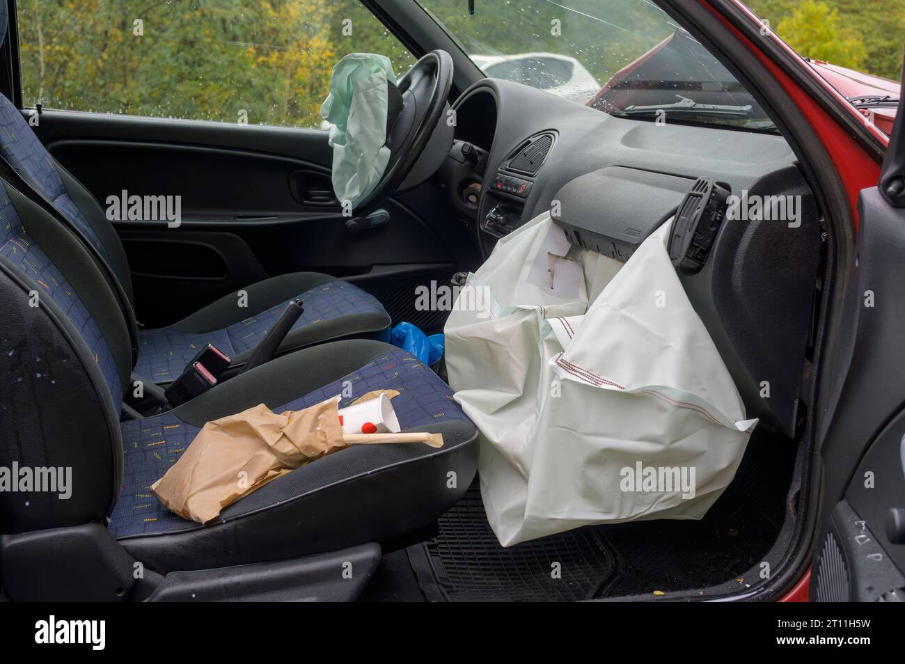 Driver and passenger airbags have deployed Stock Photo