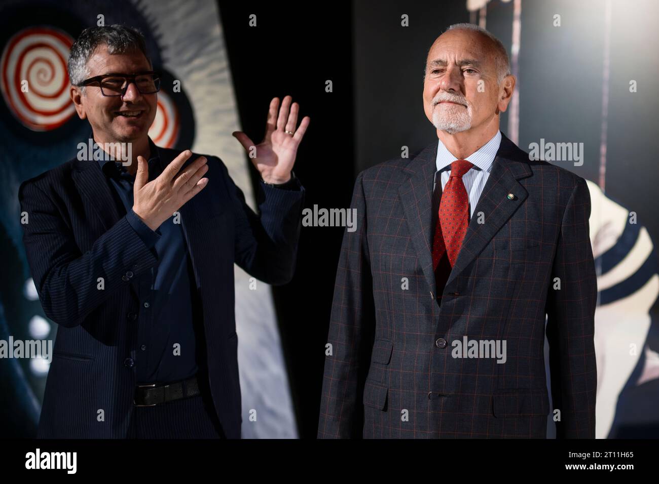 Turin, Italy. 10 October 2023. Domenico De Gaetano (L), director of National Cinema Museum, and Enzo Ghigo (R), president of National Cinema Museum, pose for a photo during a press conference for 'The World Of Tim Burton' exhibition opening. The exhibition will be on show at the Mole Antonelliana from 11 October 2023 to 7 April 2024. Credit: Nicolò Campo/Alamy Live News Stock Photo