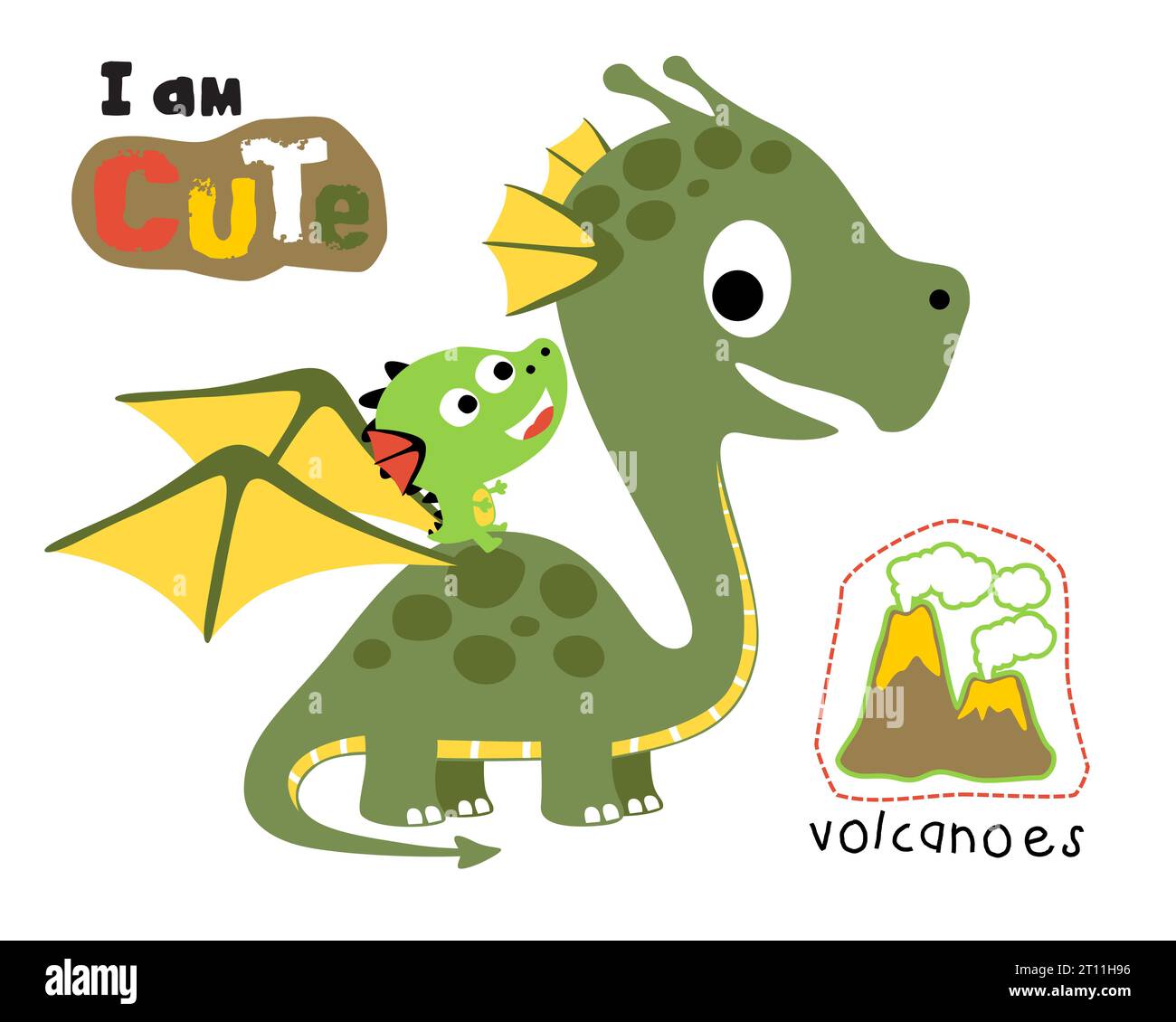 Vector illustration of funny dragons cartoon with volcanoes Stock Vector