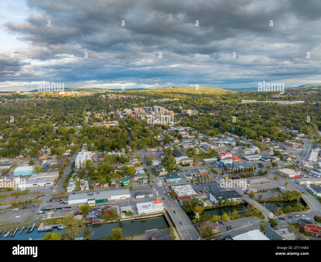 Early afternoon autumn aerial photo view of Ithaca New York. Stock Photo