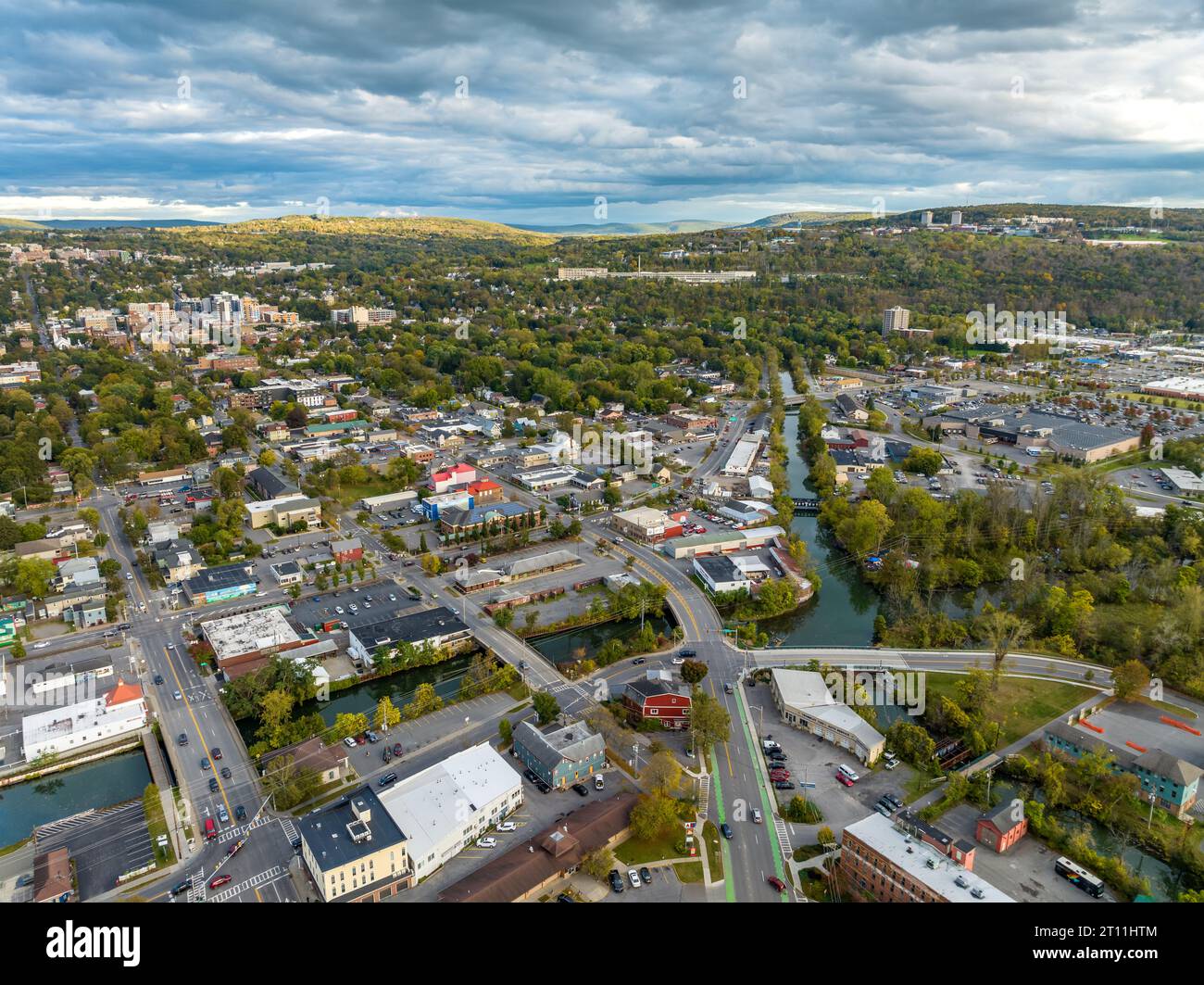 Early afternoon autumn aerial photo view of Ithaca New York. Stock Photo