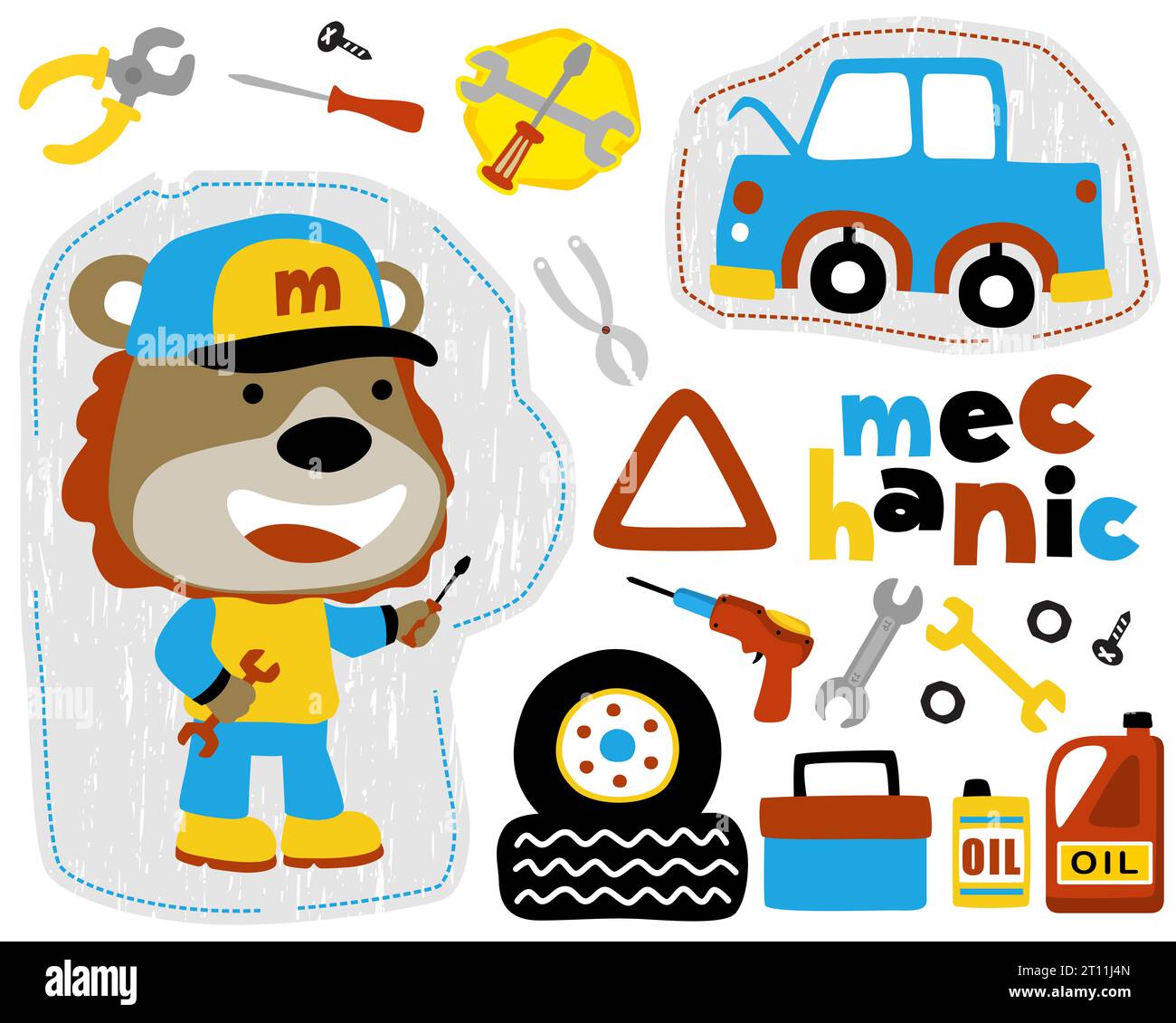 Cartoon of lion in mechanic costume with car and mechanic tools. Car