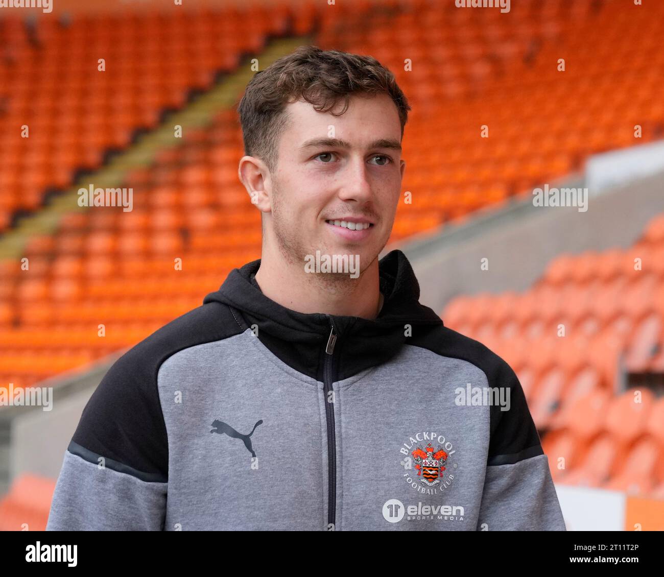 Jensen Weir 15 of Blackpool arrives at the stadium before the EFL