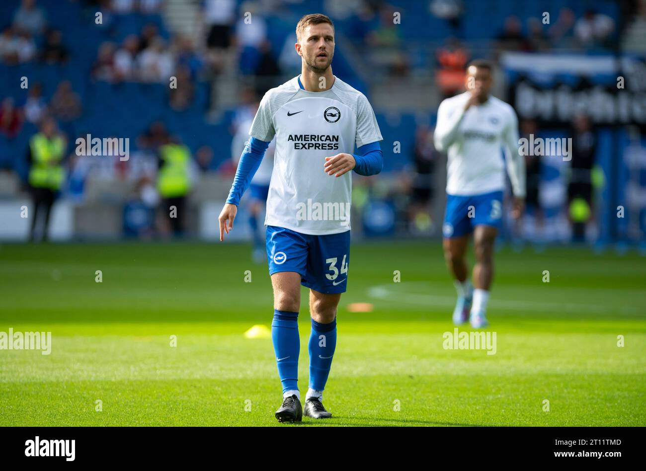Joel Veltman of Brighton warms up before the Brighton and Hove Albion v Liverpool Premier League match at the American Express Community Stadium, Brighton - 8th October 2023 Stock Photo