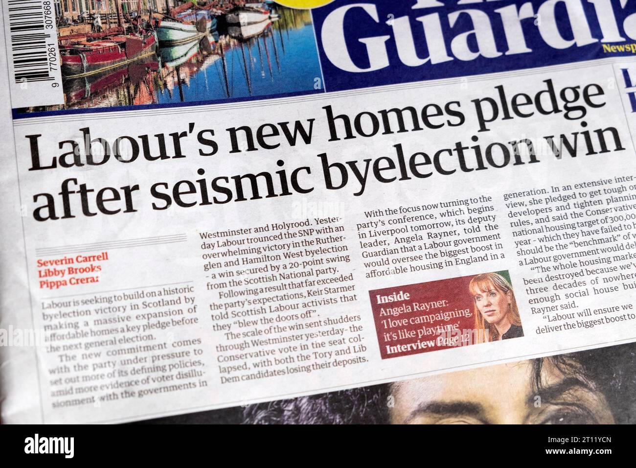 'Labour 's new homes pledge after seismic byelection win' Guardian newspaper headline front page politics article 7 October 2023 London UK Stock Photo