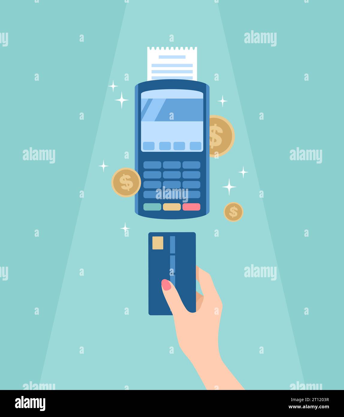 POS terminal and hand with credit card. Cashless contactless payment. Flat vector illustration Stock Vector