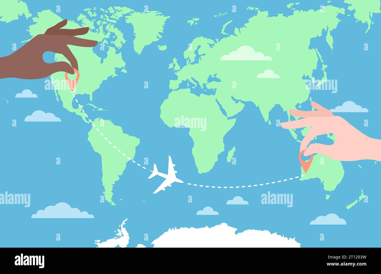 Two hands putting pin icons on a world map and an airplane flying on a route. Travel route planning. Flat vector illustration Stock Vector