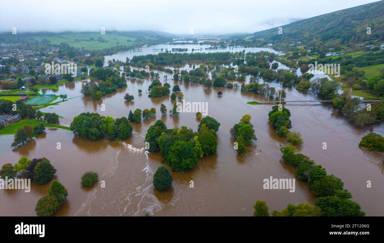 Aerial views from drone of Aberfeldy Golf Course flooded by the River Tay which broke its banks after torrential rainfall in October 2023. Aberfeldy, Stock Photo