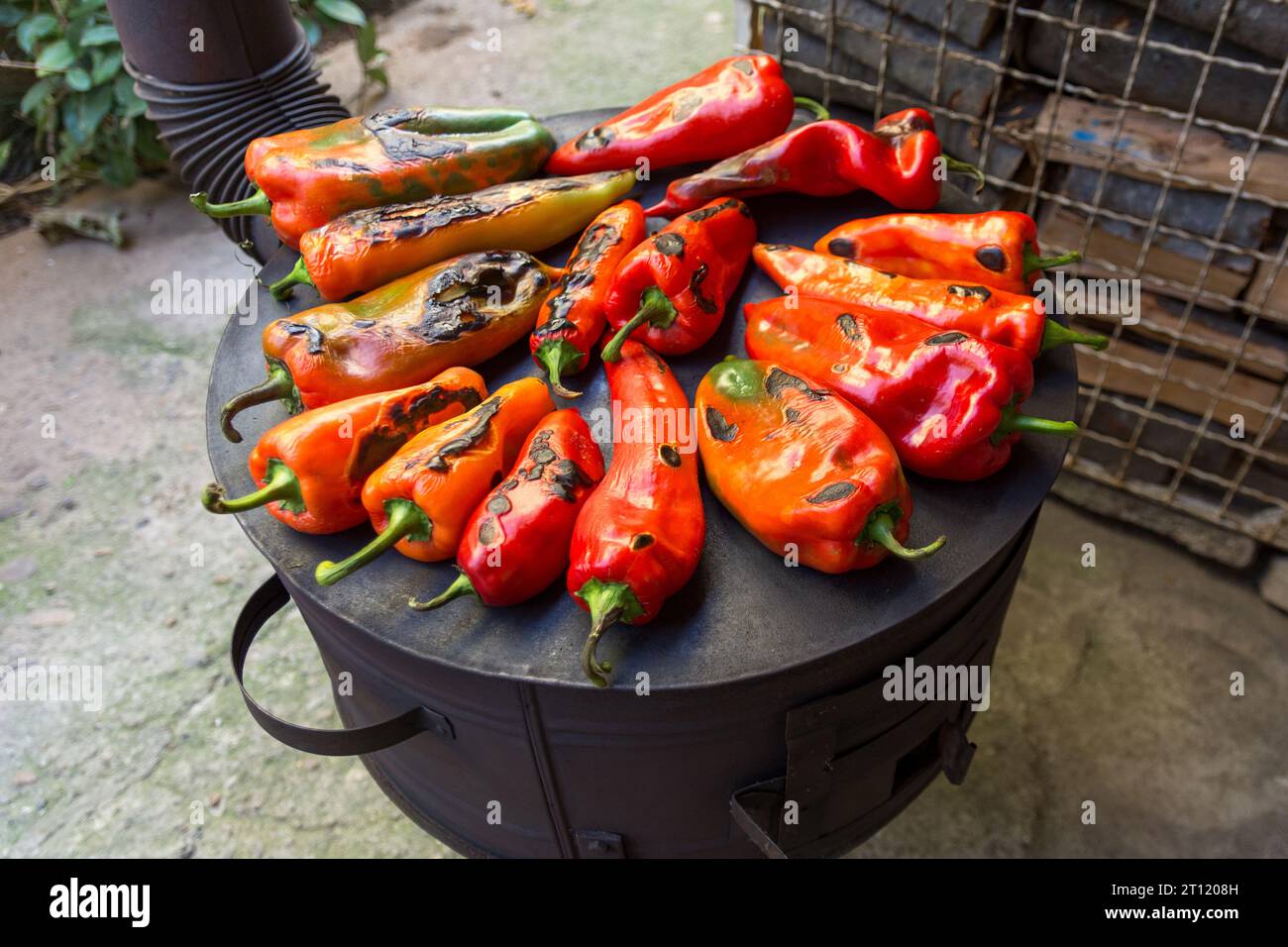 Peppers arranged on the wood fired stove burner, showing their roasted color from above. The process of roasting peppers on an autumn day in the yard Stock Photo