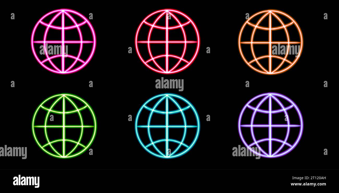 set internet web glowing desktop icon, neon sticker, neon global connection figure, glowing figure, neon geometrical figures  Stock Photo