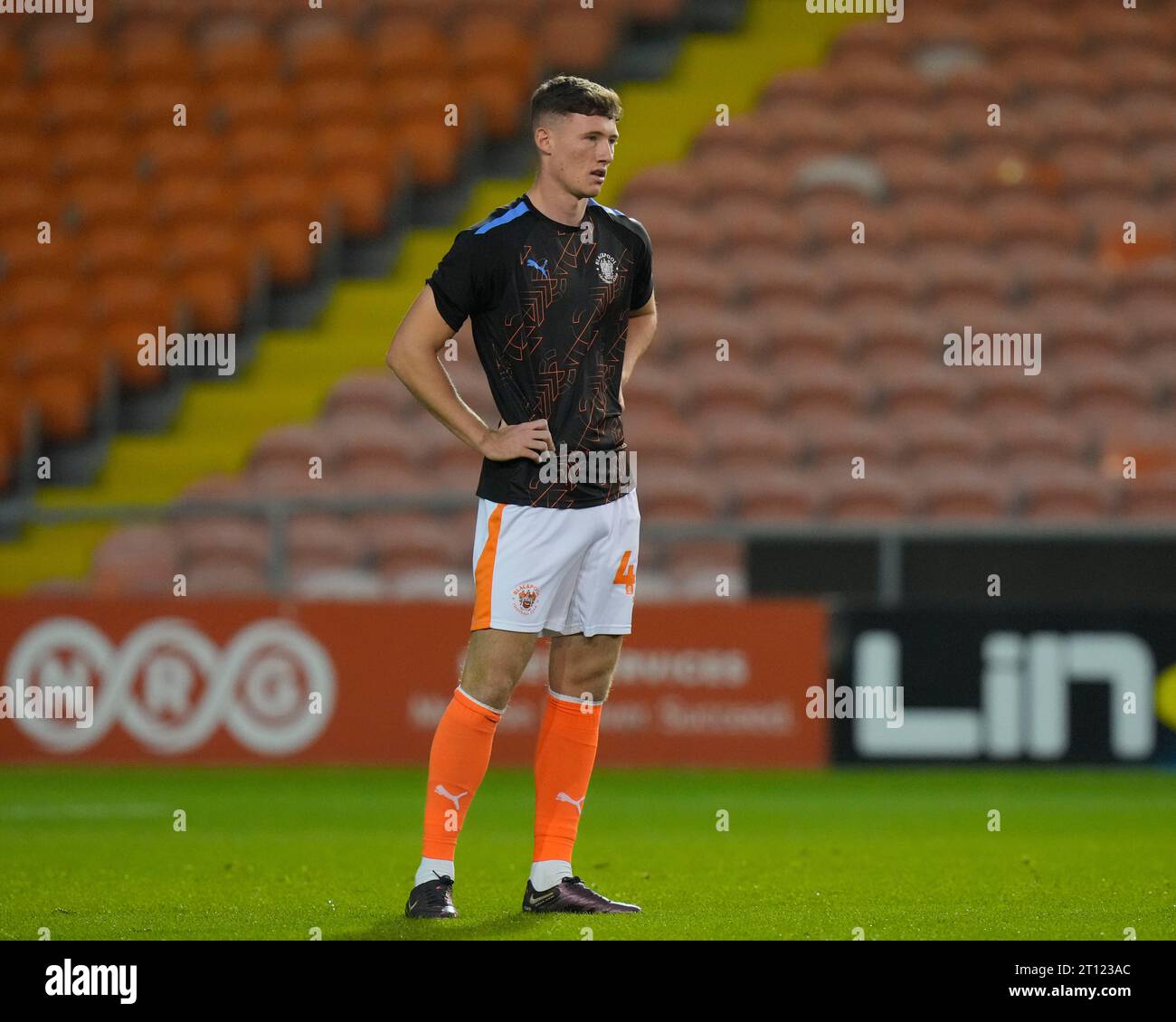 Will Squires 44 of Blackpool warms up before the EFL Trophy match