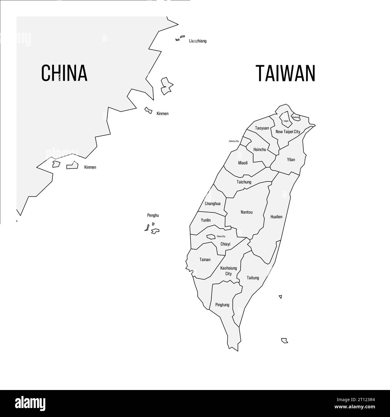 Political map of Taiwan and part of China. Country with administrative