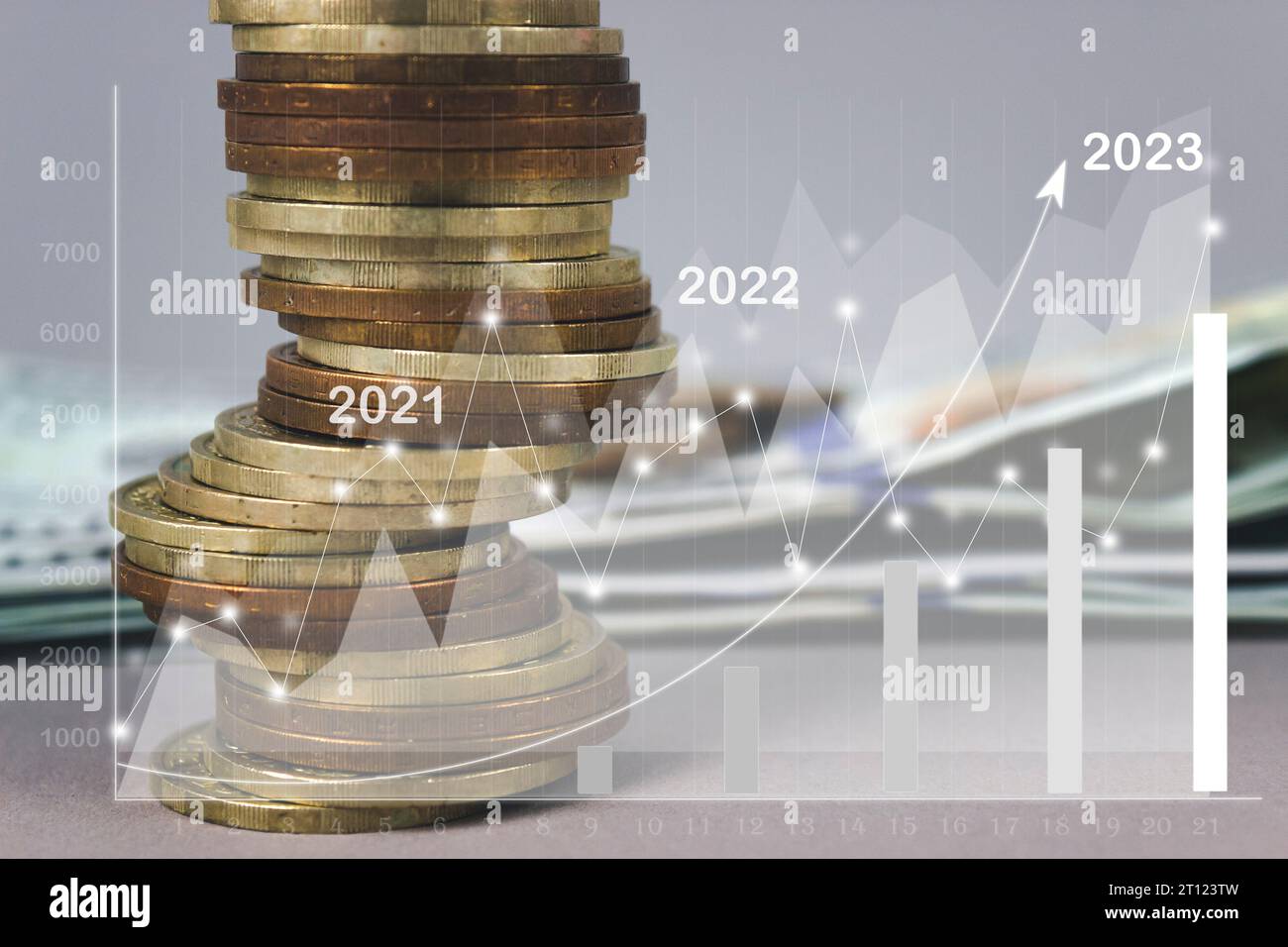 Coins stack and stack of one hundred dollar bills with Financial charts ...