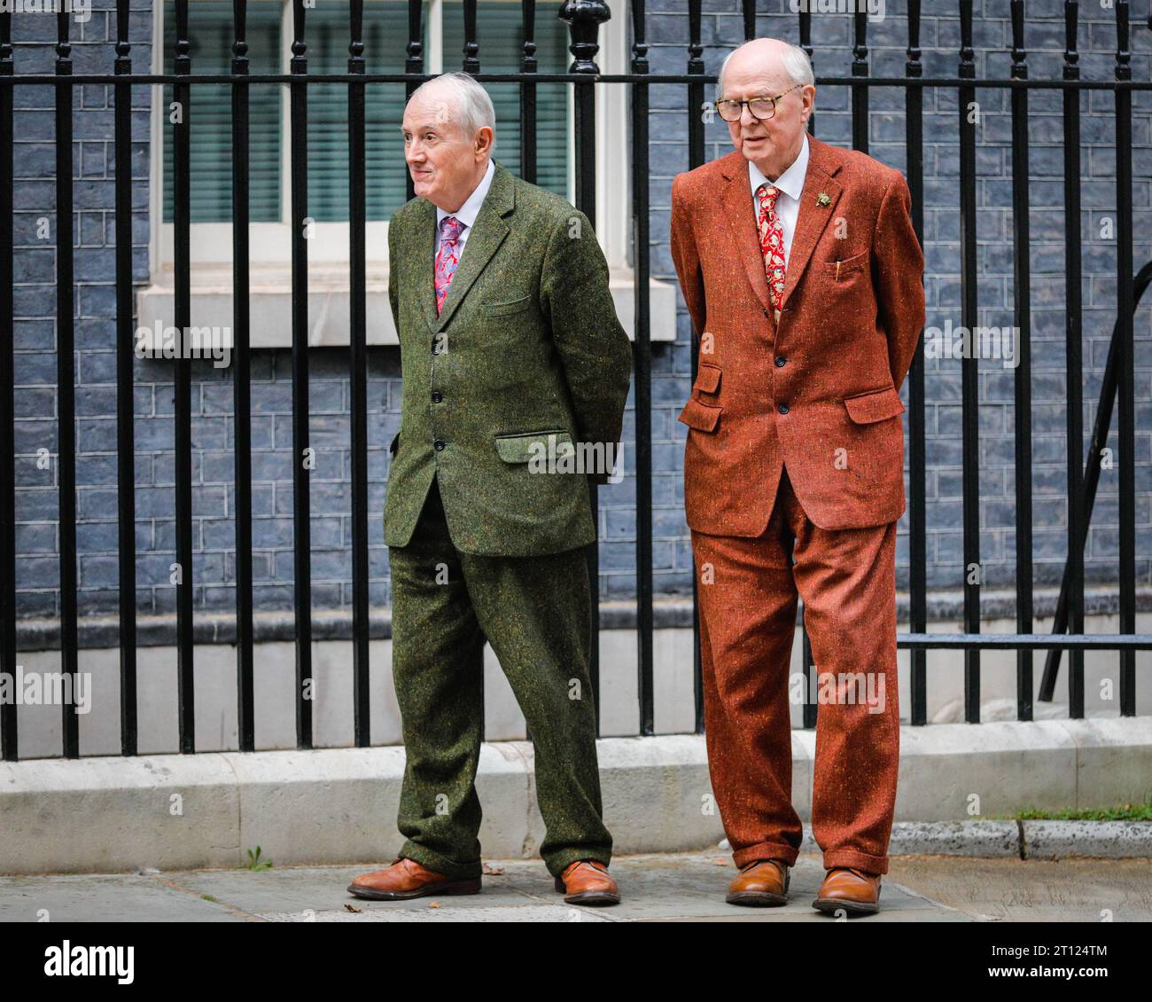 London, UK. 10th Oct, 2023. British artist duo Gilbert and George (Gilbert Prousch, sometimes referred to as Proesch, and George Passmore) attend a reception at 10 Downing Street to celebrate 20 years of Frieze London Art Fair. They arrive together with other invitees. Frieze 2023 will officially start tomorrow with its preview day. Credit: Imageplotter/Alamy Live News Stock Photo