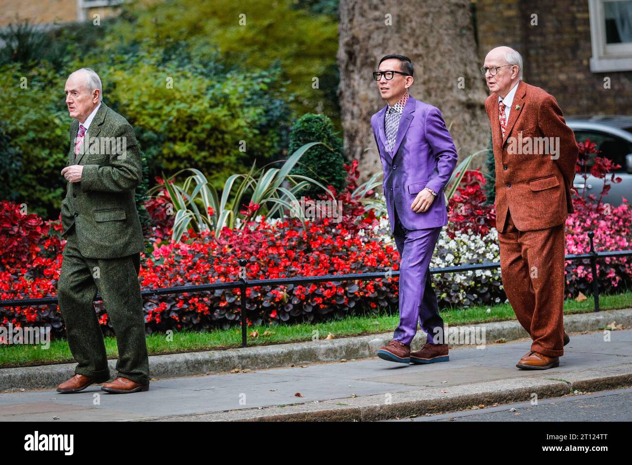 London, UK. 10th Oct, 2023. British artist duo Gilbert and George (Gilbert Prousch, sometimes referred to as Proesch, and George Passmore) attend a reception at 10 Downing Street to celebrate 20 years of Frieze London Art Fair. They arrive together with other invitees. Frieze 2023 will officially start tomorrow with its preview day. Credit: Imageplotter/Alamy Live News Stock Photo