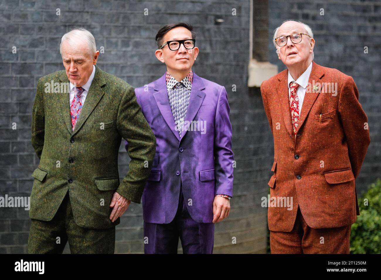 London, UK. 10th Oct, 2023. British artist duo Gilbert and George (Gilbert Prousch, sometimes referred to as Proesch, and George Passmore) attend a reception at 10 Downing Street to celebrate 20 years of Frieze London Art Fair. They arrive together with other invitees. Frieze 2023 will officially start tomorrow with its preview day. Credit: Imageplotter/Alamy Live News Stock Photo