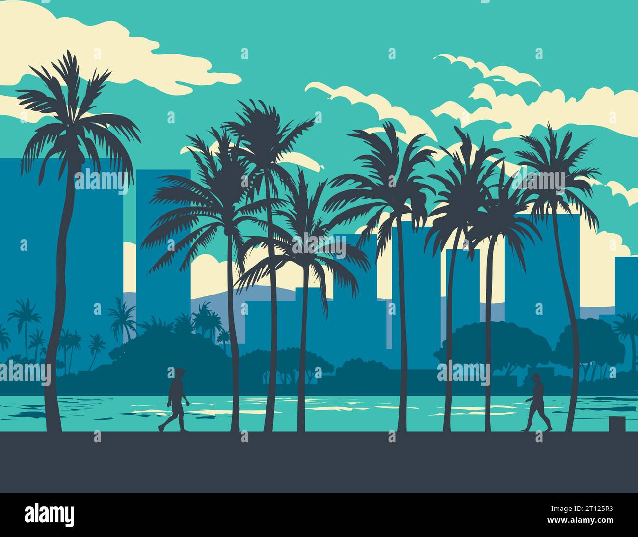 WPA poster art of Ala Wai Canal with cityscape along Ala Wai Boulevard