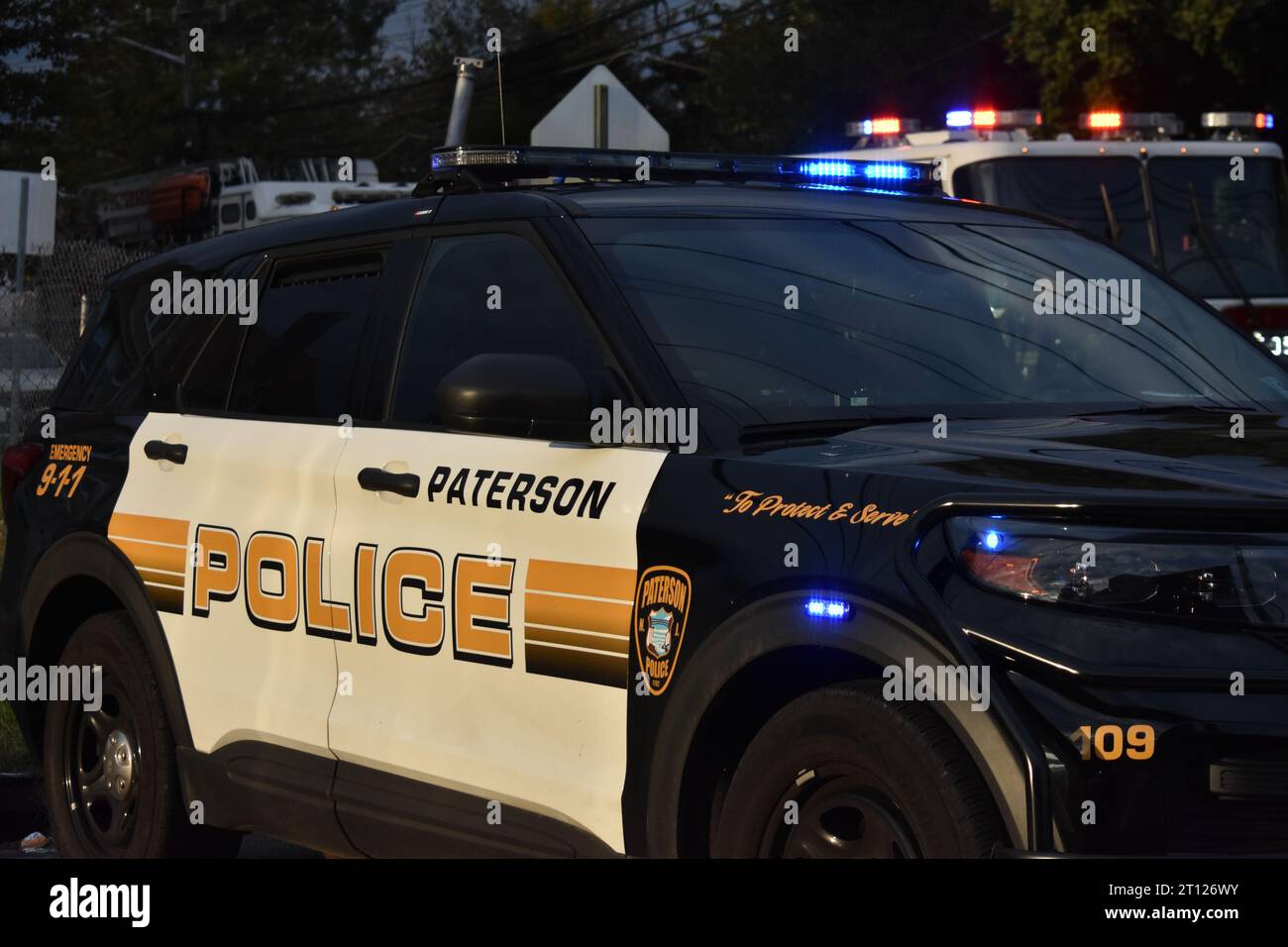 Paterson police vehicle seen at a crime scene in Paterson, New Jersey