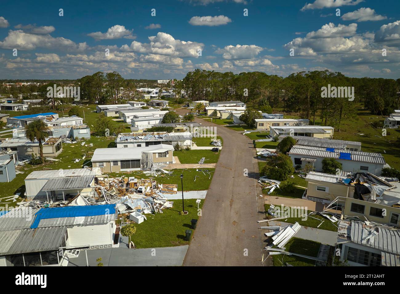 Severely damaged houses after hurricane Ian in Florida mobile home ...