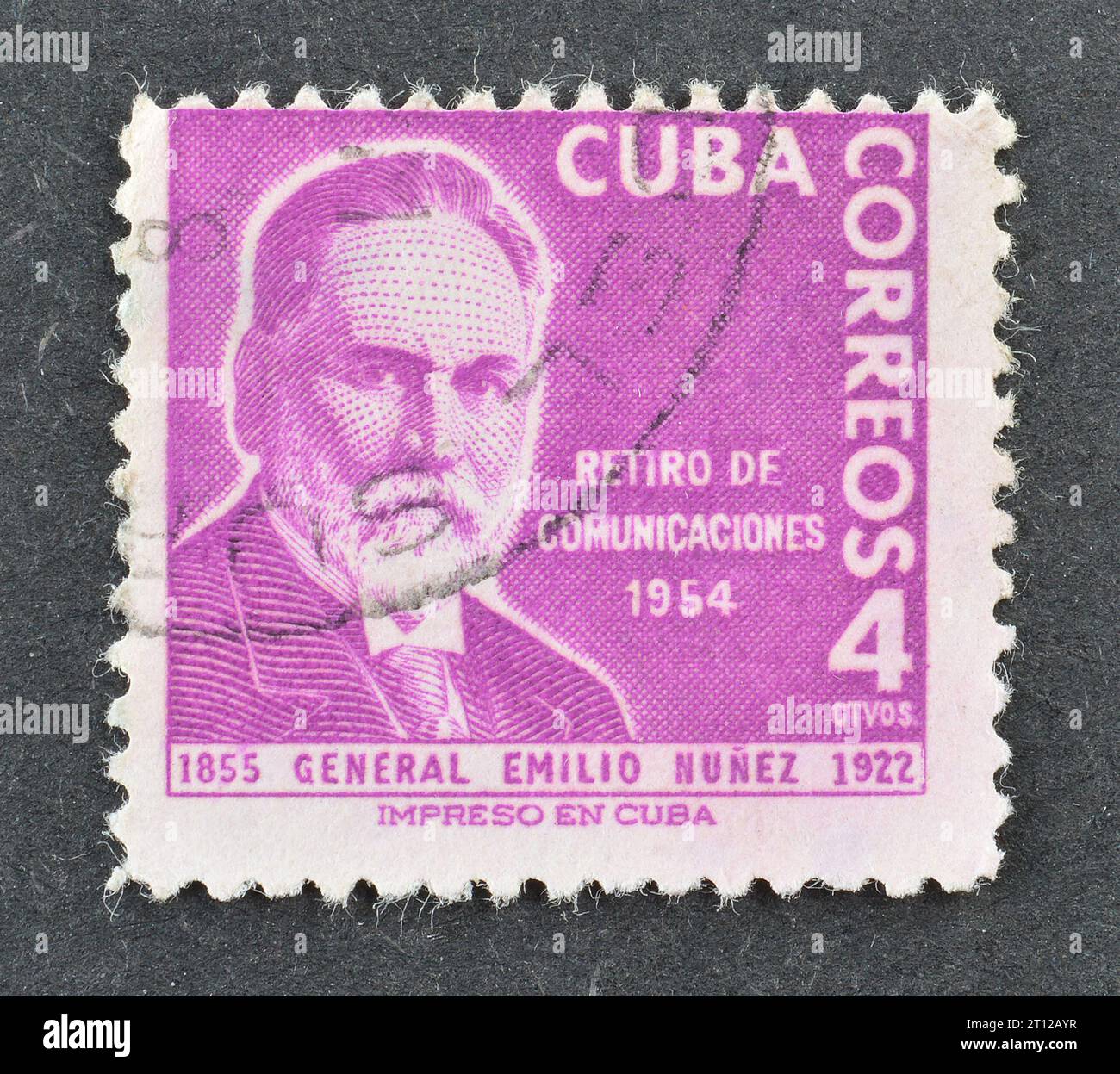 Cancelled postage stamp printed by Cuba, that shows portrait of General Emilio Nuñez (1855-1922), Retirement Fund for Postal Employees, circa 1955. Stock Photo