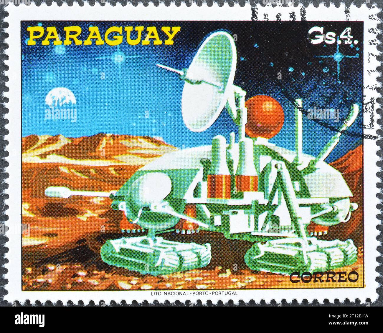Cancelled postage stamp printed by Paraguay, that shows Space stations of the future, Moon Rover, circa 1978. Stock Photo