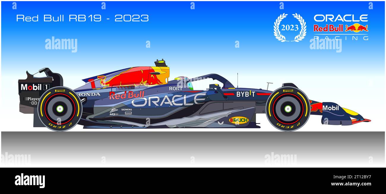 Austria, year 2023, Red Bull RB19, Oracle Red Bull Racing F1 sport car, illustration Stock Photo