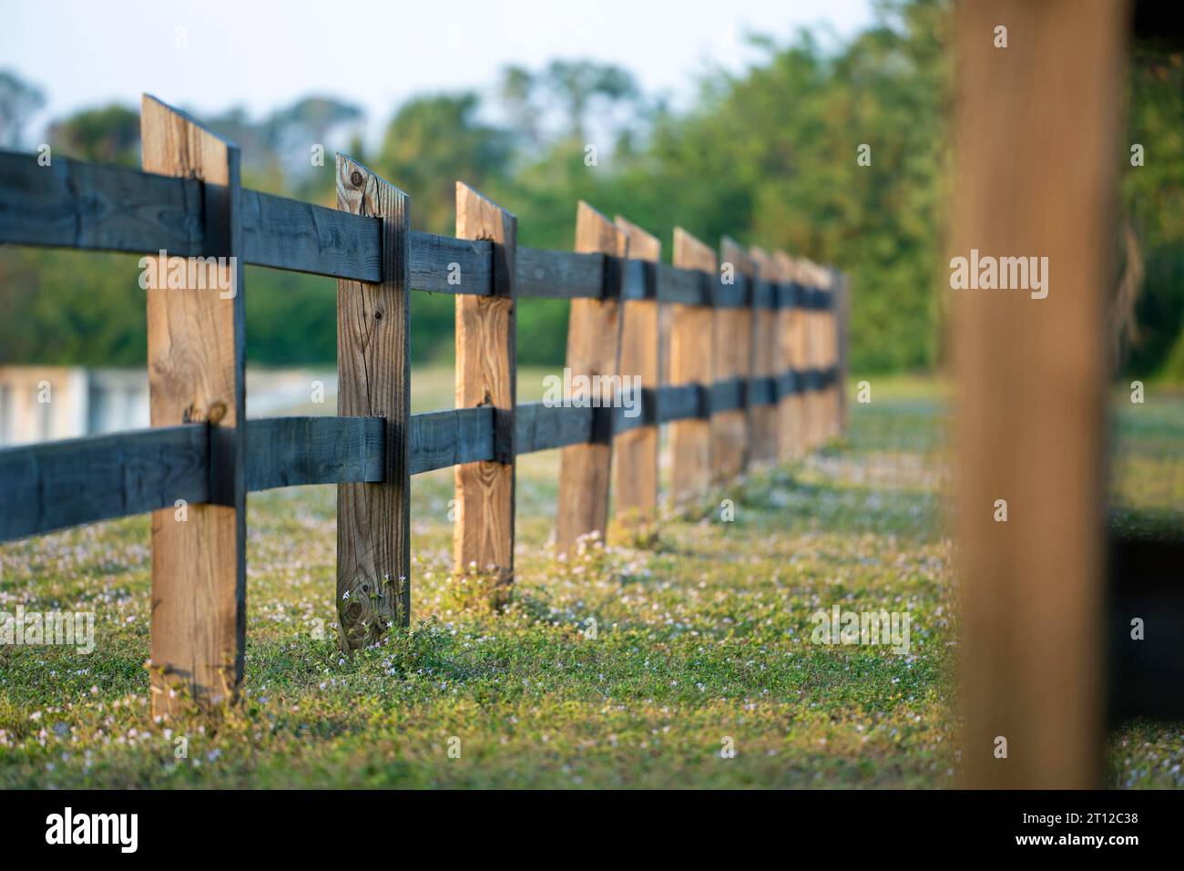 Wooden fence barrier at farm grounds for cattle and territory ...