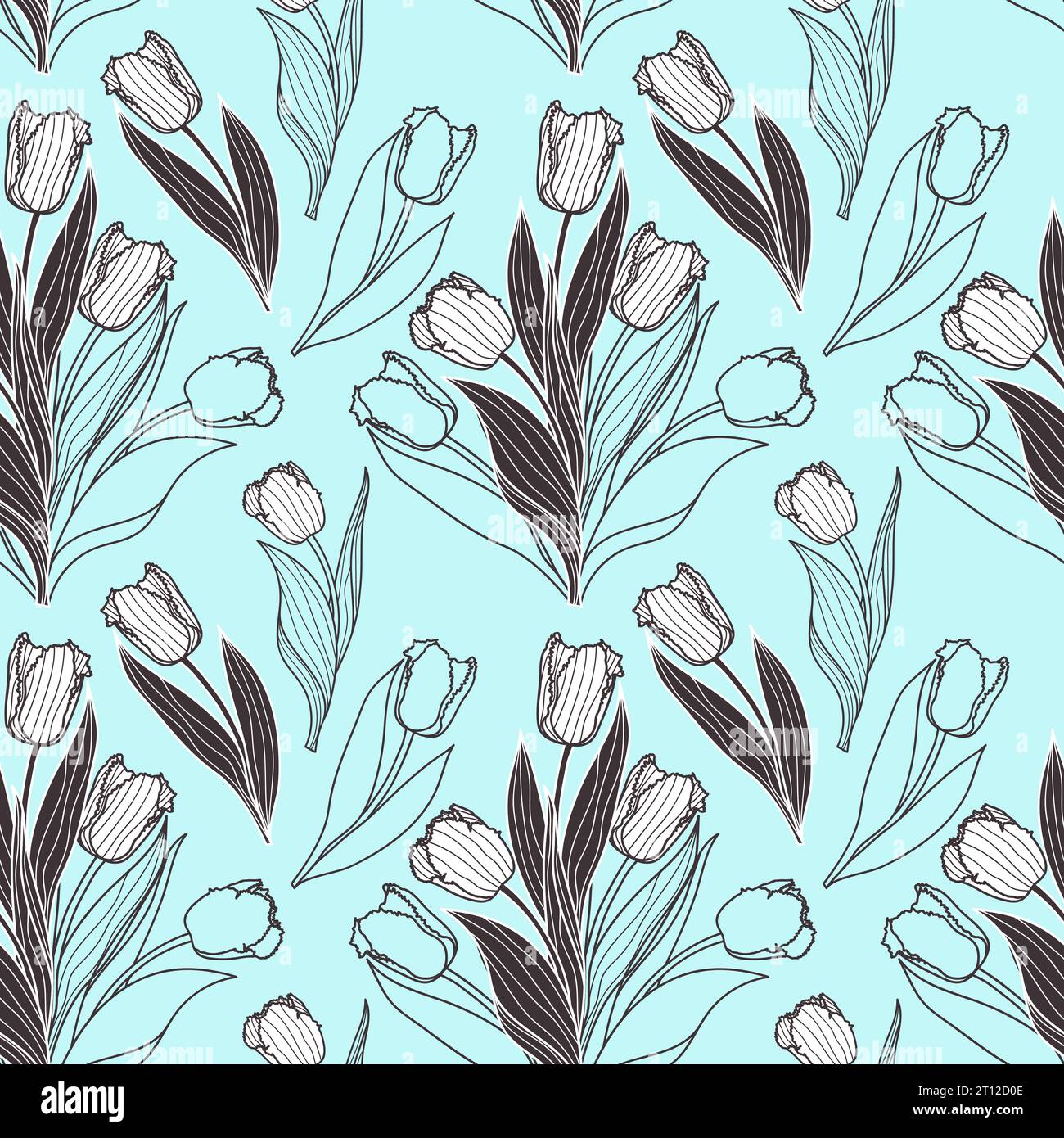 Vector seamless pattern with tulip flowers. Spring floral background, wallpaper, textile design with tulip outlines , silhouettes in black and white c Stock Vector