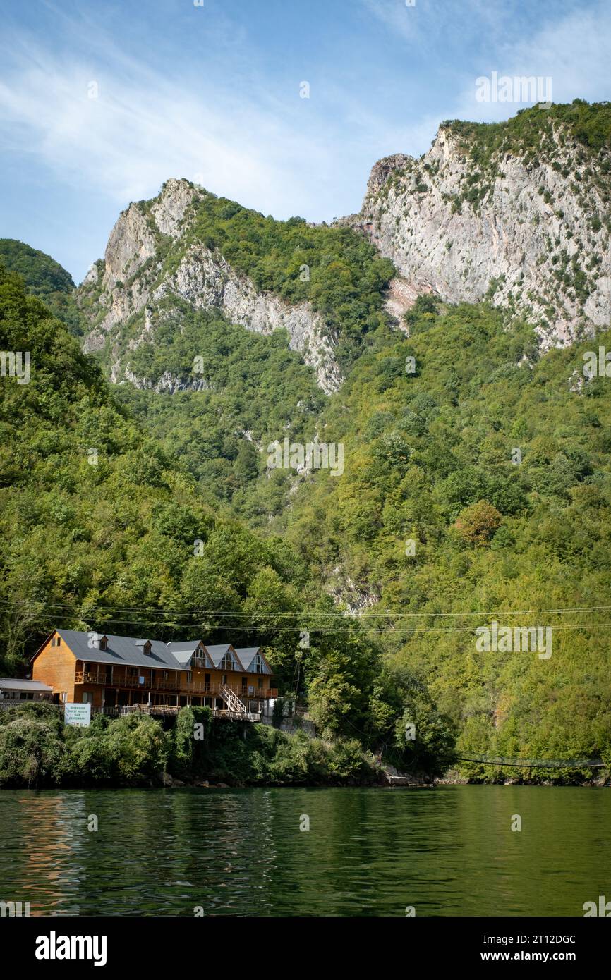 Hotel Riverside Komani Lake on the banks of Lake Komani in northern Albania Stock Photo
