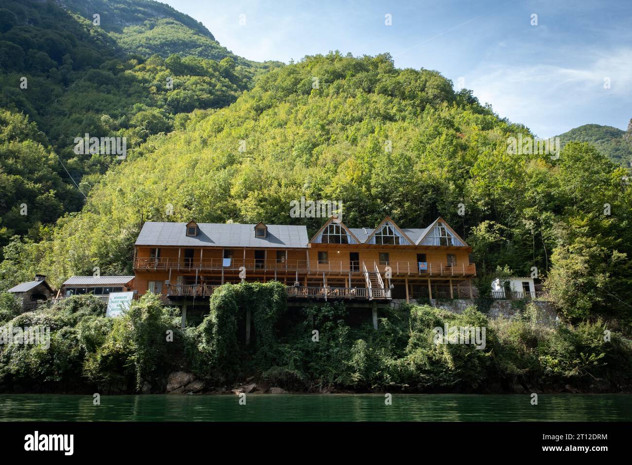 Hotel Riverside Komani Lake on the banks of Lake Komani in northern Albania Stock Photo