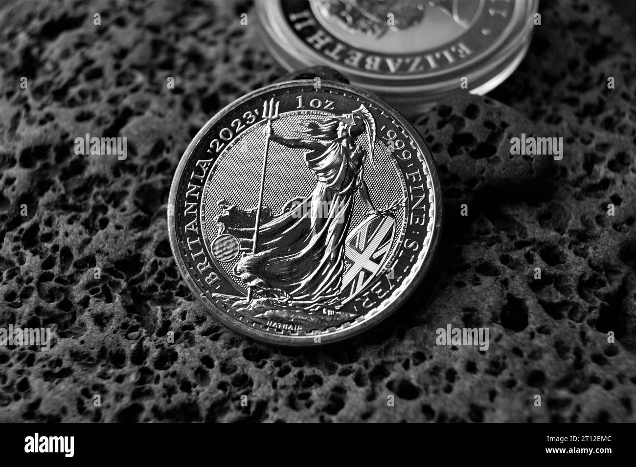 2 Pound Britania 2023 fine silver coin. Investment coins. Stock Photo