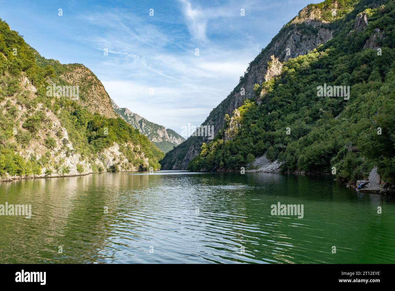 The steep-sided river valley at Lake Komani, Albania Stock Photo
